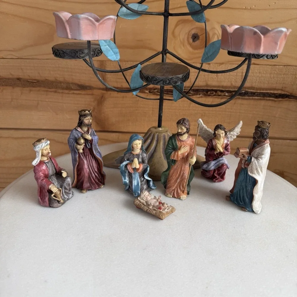 Christmas Candelabra Nativity Set Tree Tea Candle Holder‎ Religious Decor *Flaw